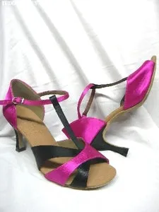 Pool Ready Daily Chill 3" Natalie -- Flare Heel Latin Sandal -- Fuschia Satin/Black Satin