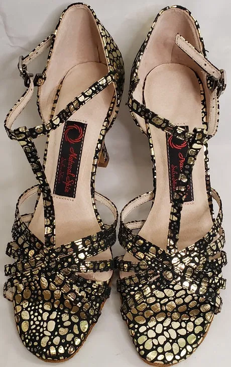 Moon Tone Work Life 3" Ramona -- Flare Heel Latin Sandal -- Black/Gold