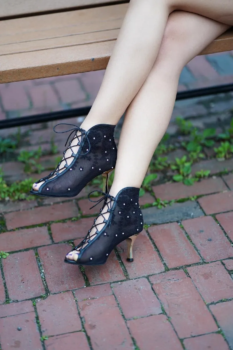 3" Rose -- Women's Lace-Up Boot -- Black Lace with Gold Heel Street Edge Knitted Warm