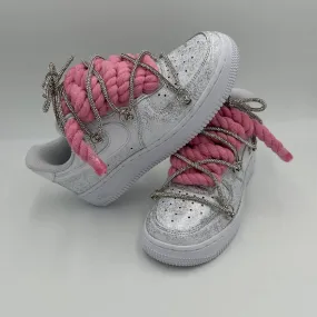 Nike Air Force 1 Glitter Rope Laces Pink??Triple Crystal Silver Night Glow