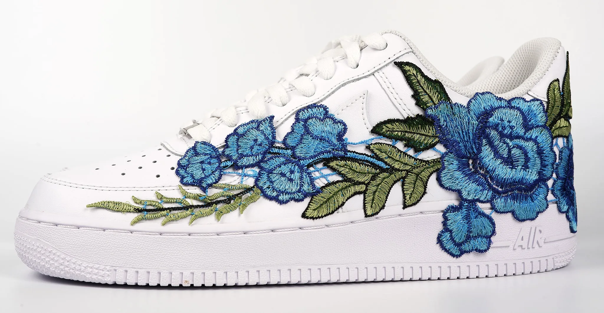 construction Air Force 1 Custom Blue Rose Low Long Flower Floral Design White Shoes Mens Womens & Kids All Sizes AF1 Sneakers