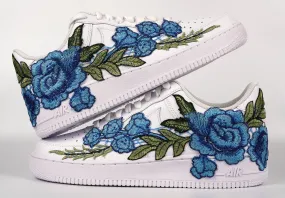 Comfort Shank Air Force 1 Custom Blue Rose Low Long Flower Floral Design White Shoes Mens Womens & Kids All Sizes AF1 Sneakers