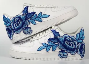Air Force 1 Custom Blue Rose Short Flower Floral White Low Shoes Mens Womens & Kids  AF1 Sneakers Wet Grip Moon Walk