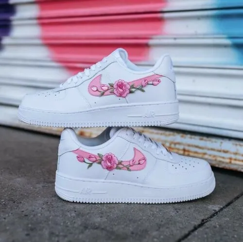 Week Easy Air Force 1 Custom Low Pink Rose Floral White Shoes Mens Women Kids Size AF1 Sneakers