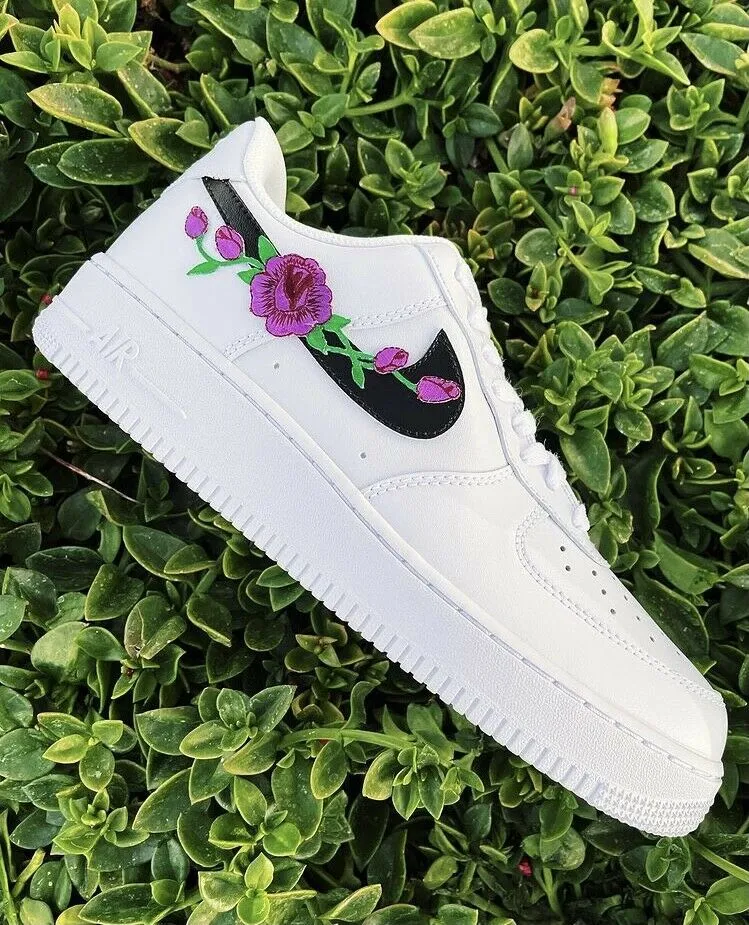 Air Force 1 Custom Low Purple Rose Floral White Black Shoes Women Kids AF1 Sneakers Rock Path Color Mix