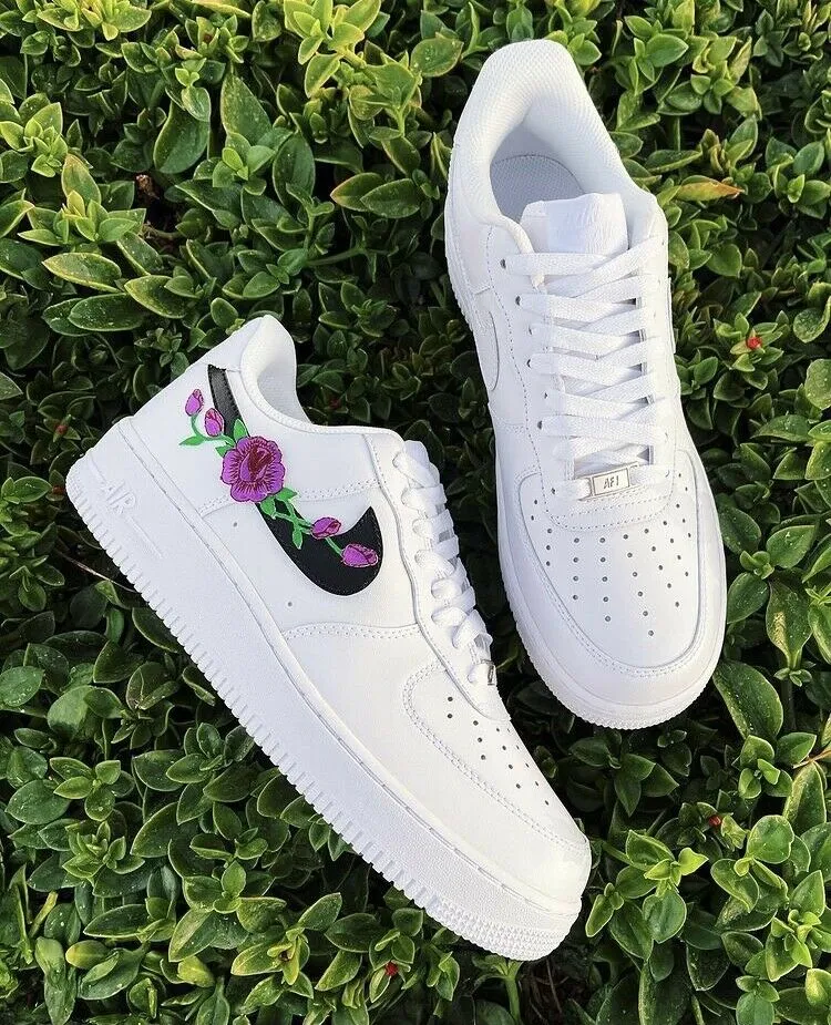 Air Force 1 Custom Low Purple Rose Floral White Black Shoes Women Kids AF1 Sneakers Youth Fresh