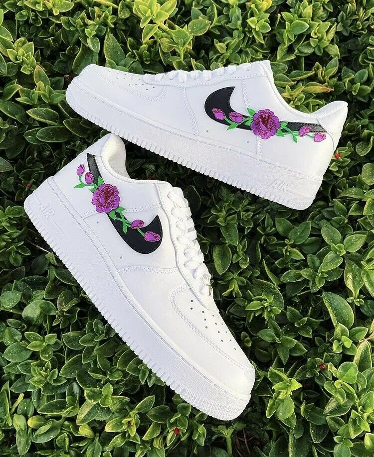 Air Force 1 Custom Low Purple Rose Floral White Black Shoes Women Kids AF1 Sneakers Adjustable Straps Heart Glow