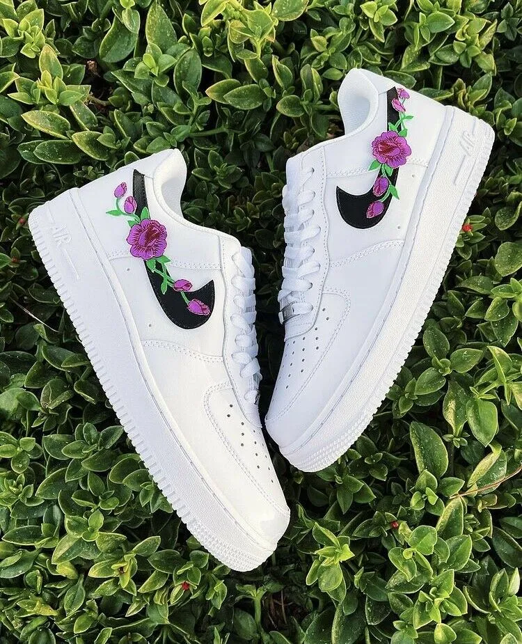 Air Force 1 Custom Low Purple Rose Floral White Black Shoes Women Kids AF1 Sneakers Show Stage Satin Glow