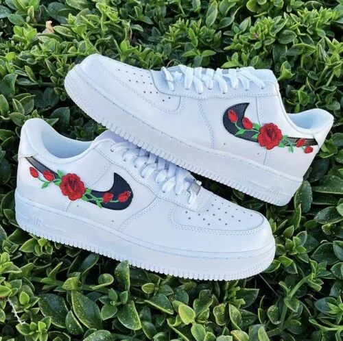 Height Plus Air Force 1 Custom Low Red Rose Floral White Black Shoes Men Women Kids AF1 Sneakers