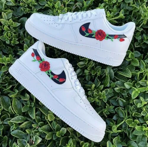 Air Force 1 Custom Low Red Rose Floral White Black Shoes Men Women Kids AF1 Sneakers Bone Aid Beach Vibe