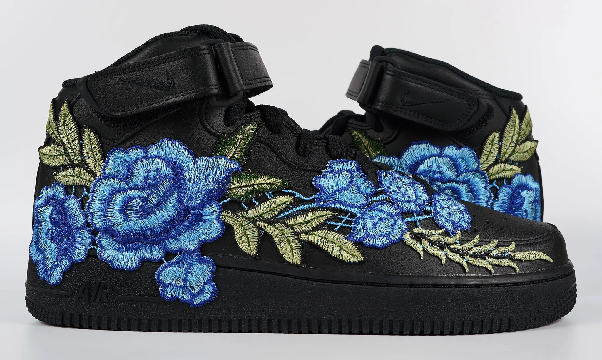 Air Force 1 Custom Mid Blue Rose Shoes Flower Floral Black All Sizes Men Women Kids AF1 Sneakers Freeze Proof Boat Walk
