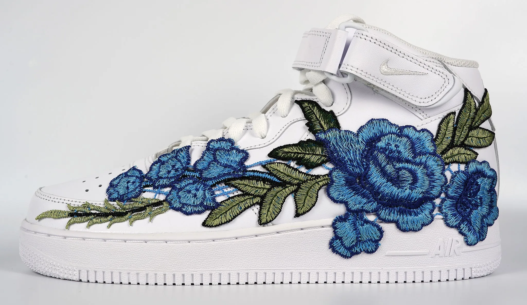 Hot Pick Air Force 1 Custom Mid Blue Rose Shoes Flower Floral White All Sizes Men Women & Kids AF1 Sneakers