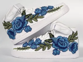 Long Walk Air Force 1 Custom Mid Blue Rose Shoes Flower Floral White All Sizes Men Women & Kids AF1 Sneakers