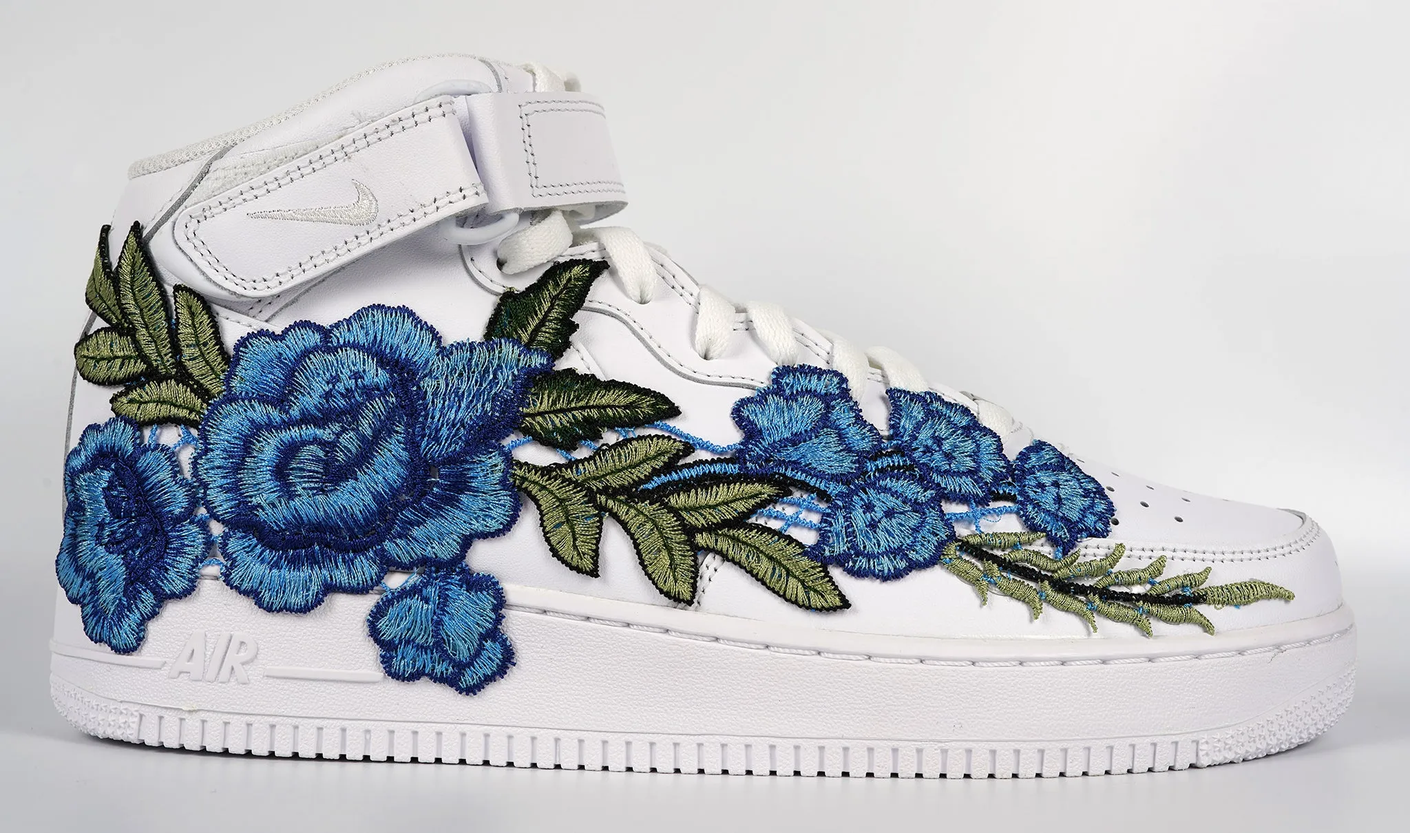 Air Force 1 Custom Mid Blue Rose Shoes Flower Floral White All Sizes Men Women & Kids AF1 Sneakers Ankle wrap