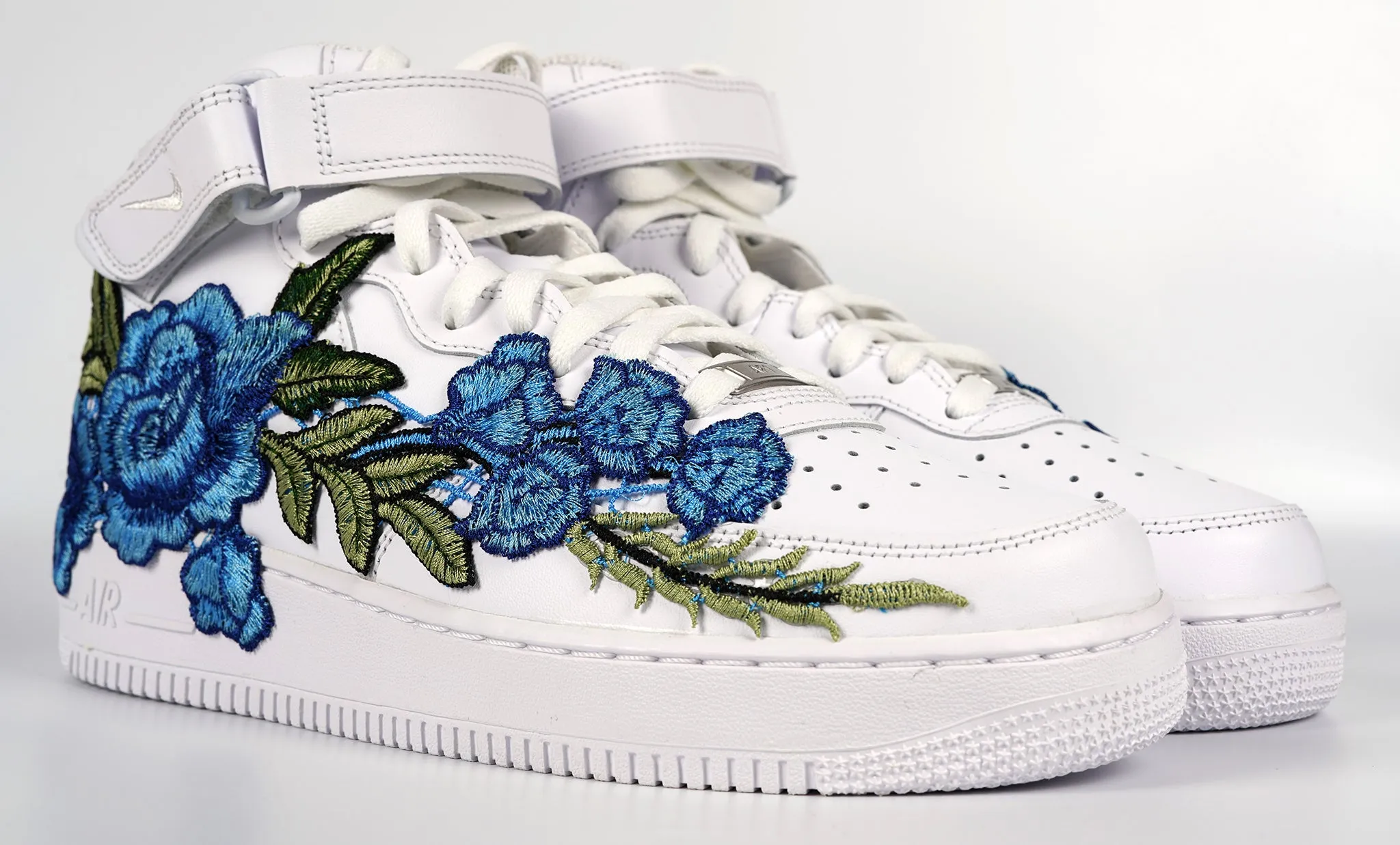Air Force 1 Custom Mid Blue Rose Shoes Flower Floral White All Sizes Men Women & Kids AF1 Sneakers Dust Free Beach Fun
