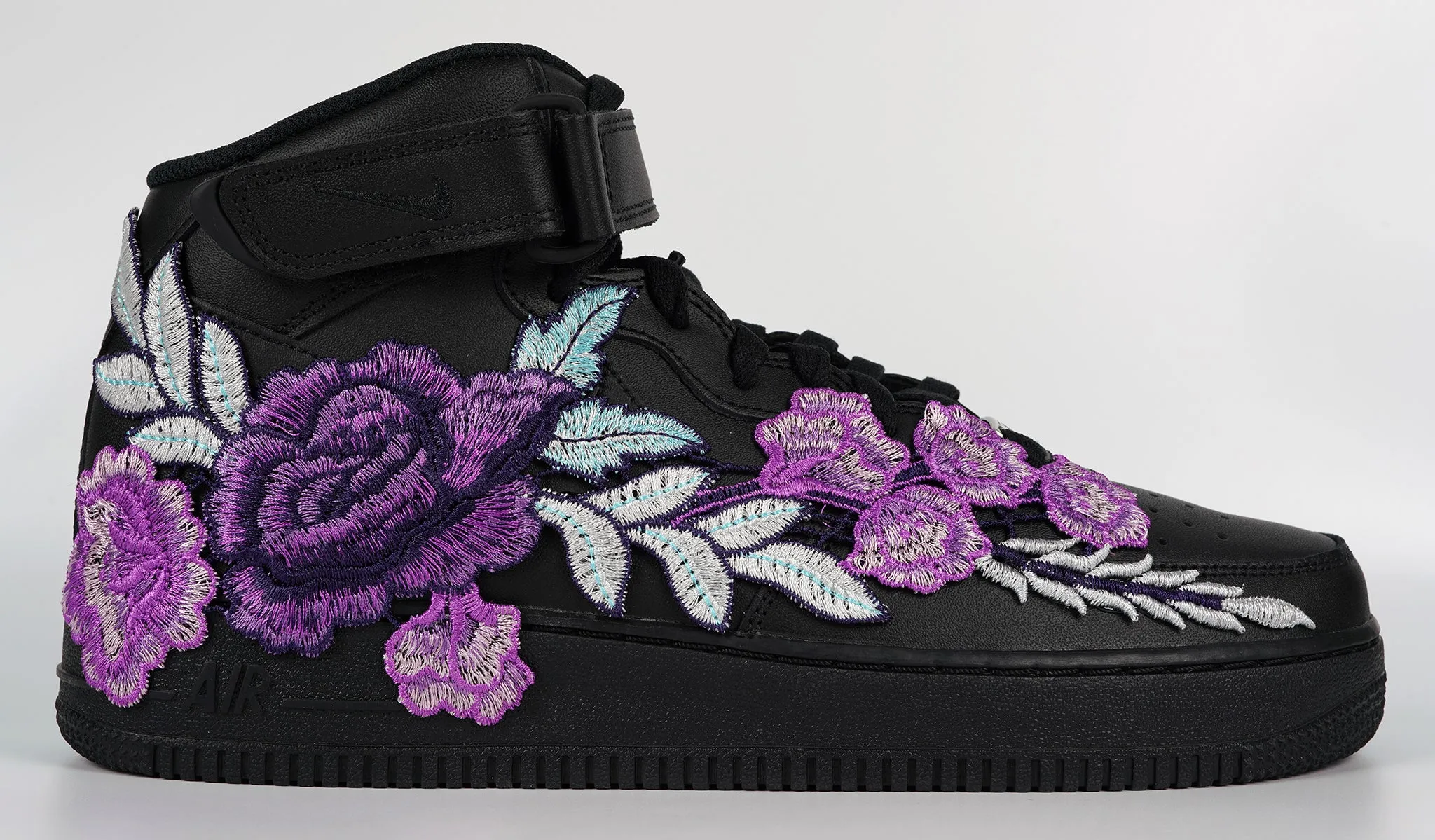 Air Force 1 Custom Mid Purple Rose Shoes Flower Floral Black All Sizes Men Women & Kids AF1 Sneakers Neo Pop Freeze Proof