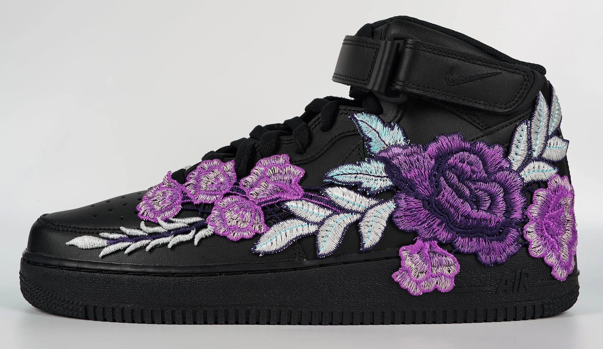Stride Bold Air Force 1 Custom Mid Purple Rose Shoes Flower Floral Black All Sizes Men Women & Kids AF1 Sneakers