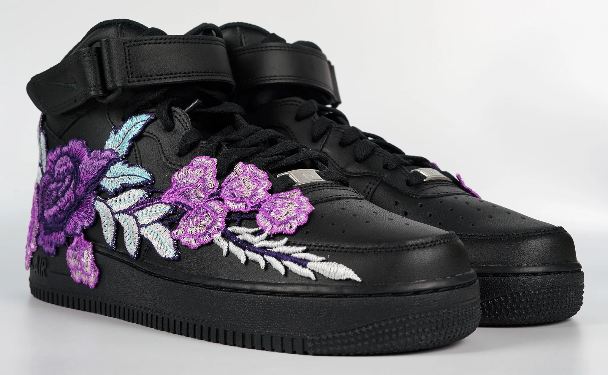 Air Force 1 Custom Mid Purple Rose Shoes Flower Floral Black All Sizes Men Women & Kids AF1 Sneakers Morning Walk