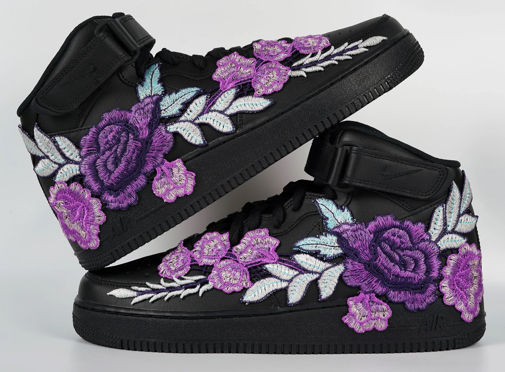 Fresh Drop Air Force 1 Custom Mid Purple Rose Shoes Flower Floral Black All Sizes Men Women & Kids AF1 Sneakers