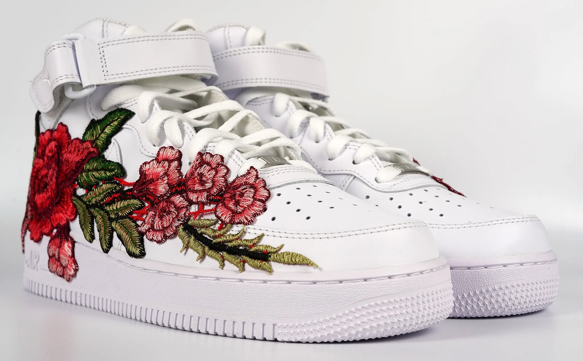 Wide Base Pack Safe Air Force 1 Custom Mid Red Rose Flower Floral White Shoes Men Women & Kids All Sizes AF1 Sneakers