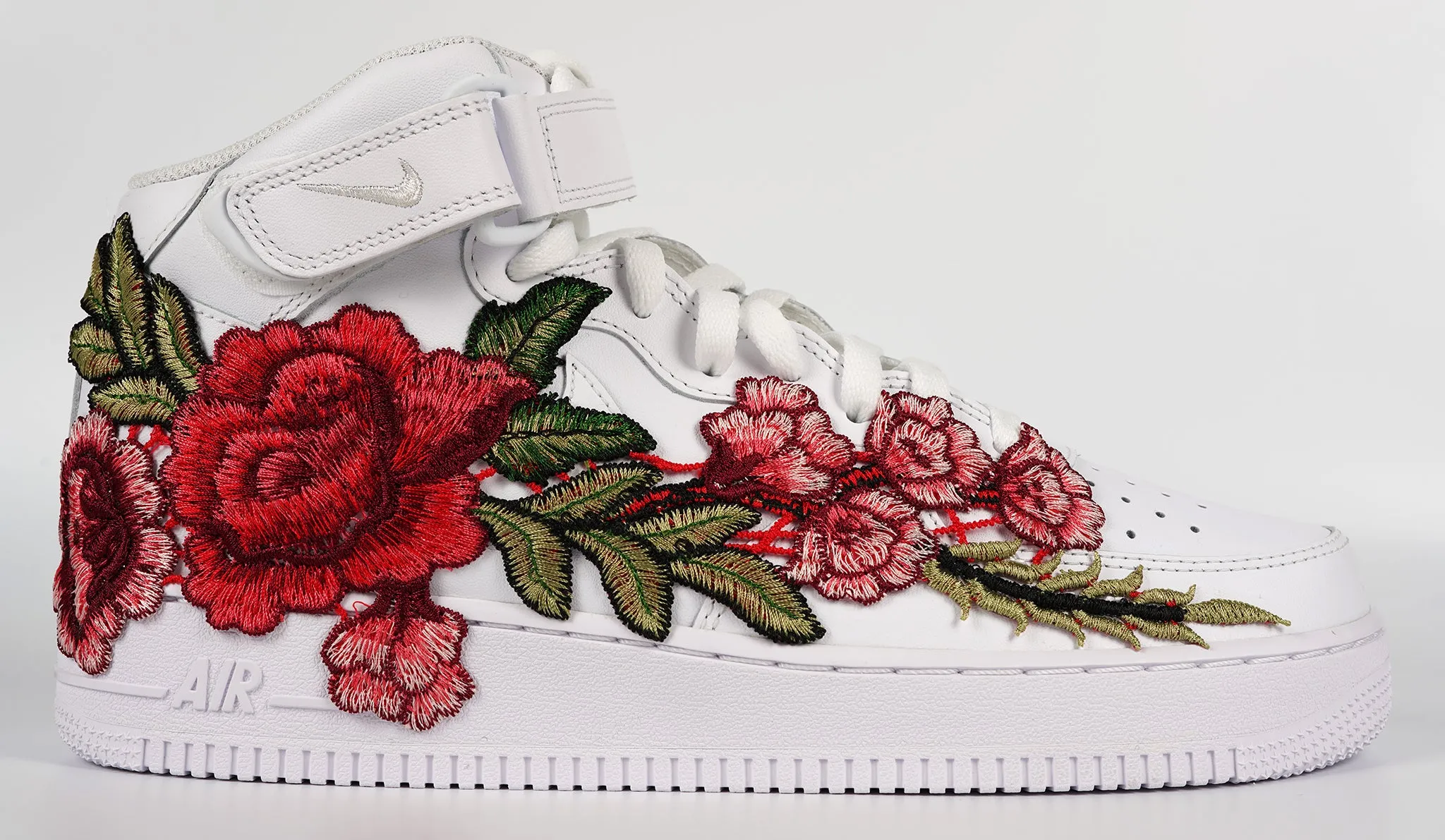 Comfort Air Force 1 Custom Mid Red Rose Flower Floral White Shoes Men Women & Kids All Sizes AF1 Sneakers