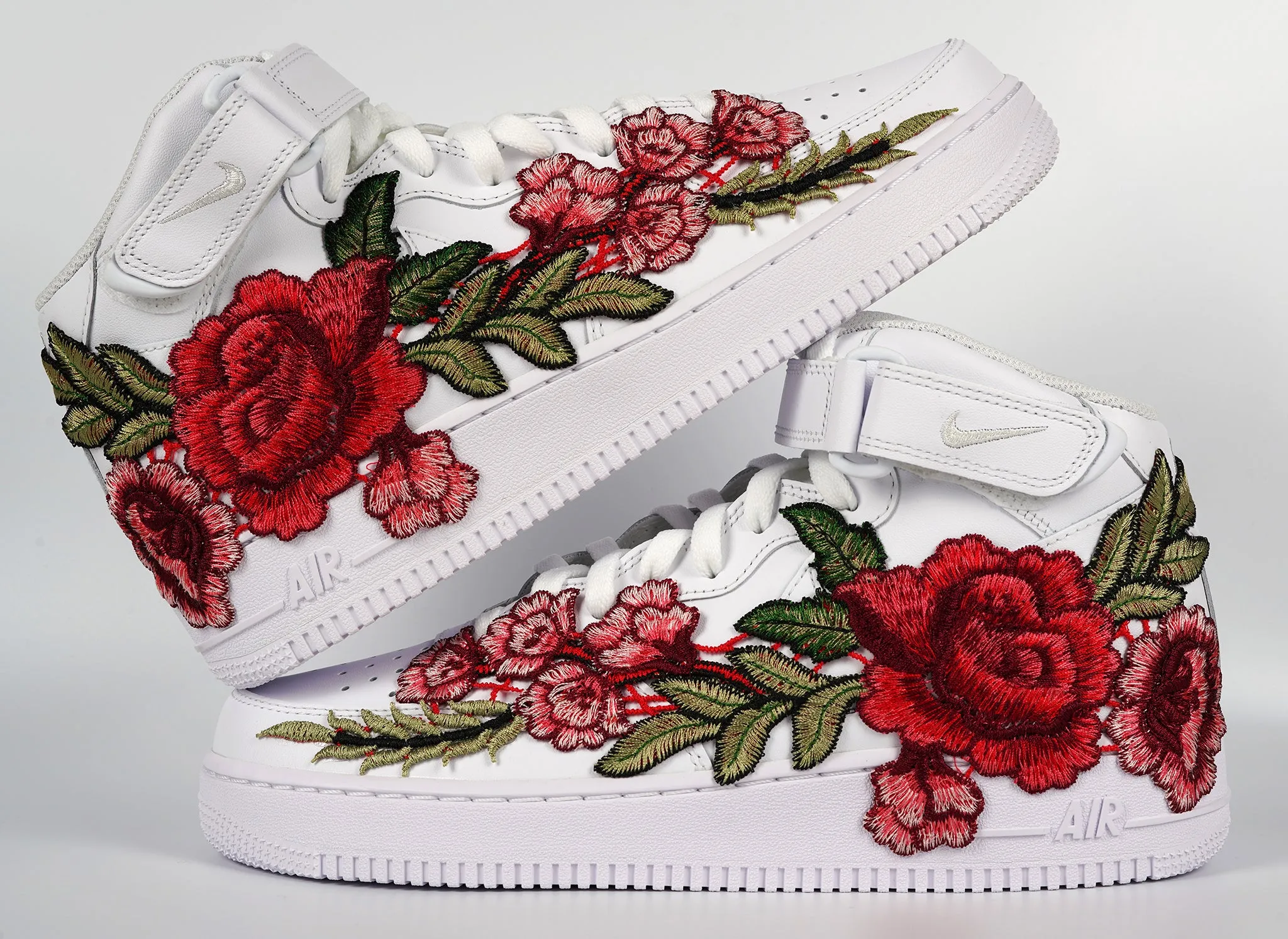 sports Air Force 1 Custom Mid Red Rose Flower Floral White Shoes Men Women & Kids All Sizes AF1 Sneakers