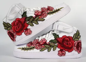 Comfort Midsole Air Force 1 Custom Mid Red Rose Flower Floral White Shoes Men Women & Kids All Sizes AF1 Sneakers
