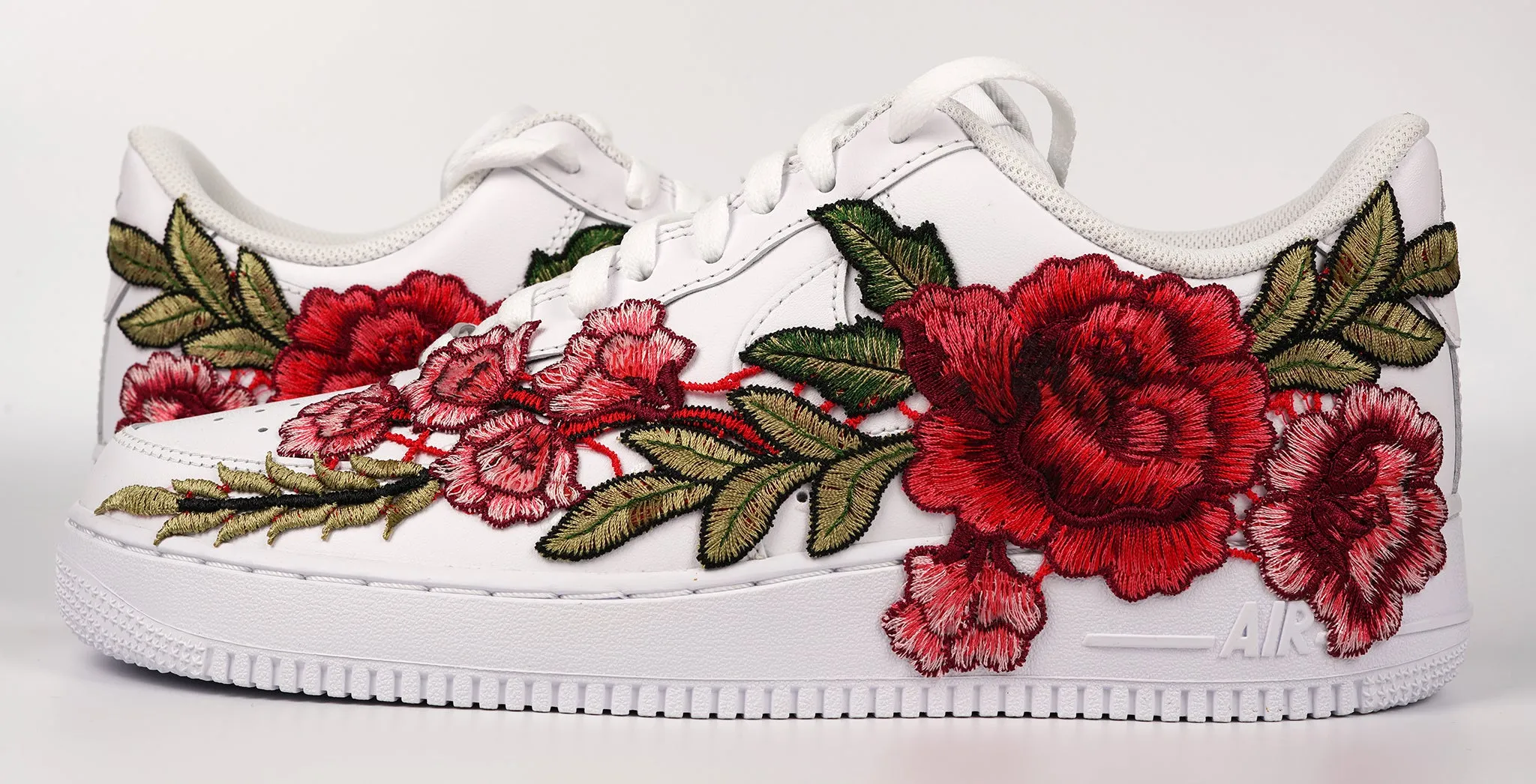 Soft Interior Air Force 1 Custom Red Rose Shoes Long Flower Floral Design White Low Men Women & Kids All Sizes AF1 Sneakers