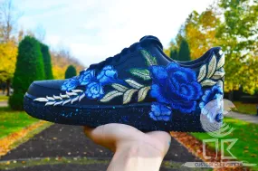 Block Walk Storm Proof  Air Force 1 Custom Teal Rose Low Blue Flower Floral Black Splatter Shoes Mens Womens Kids Sizes AF1 Sneakers