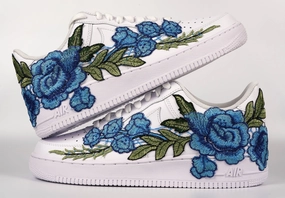 Comfort Shank Air Force 1 Custom Blue Rose Low Long Flower Floral Design White Shoes Mens Womens & Kids All Sizes AF1 Sneakers