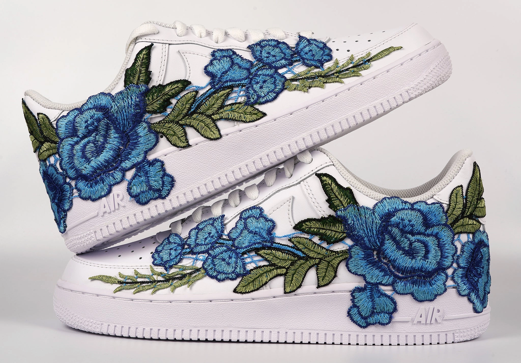 Comfort Shank Air Force 1 Custom Blue Rose Low Long Flower Floral Design White Shoes Mens Womens & Kids All Sizes AF1 Sneakers