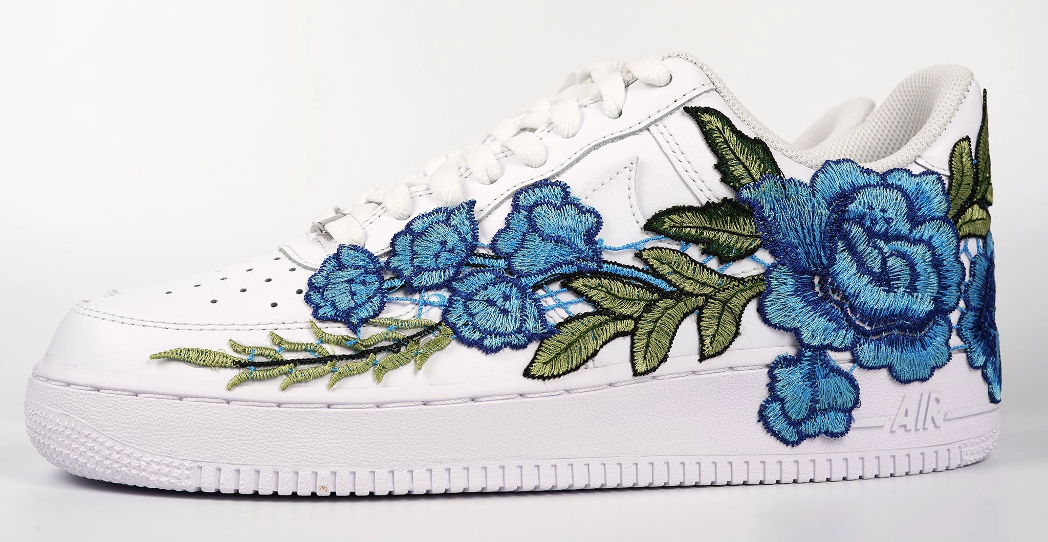 construction Air Force 1 Custom Blue Rose Low Long Flower Floral Design White Shoes Mens Womens & Kids All Sizes AF1 Sneakers