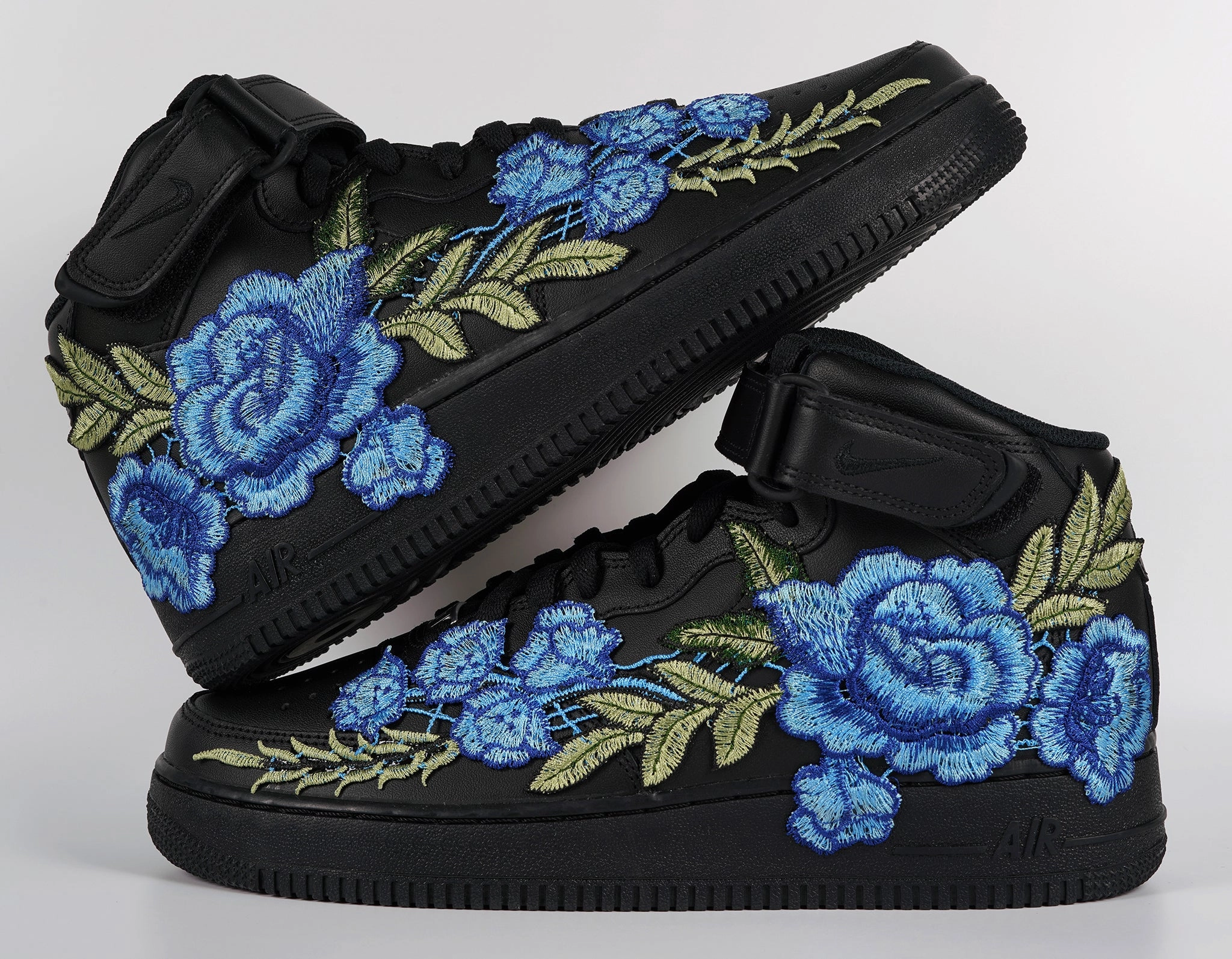 Hero Edge Trail Strong Air Force 1 Custom Mid Blue Rose Shoes Flower Floral Black All Sizes Men Women Kids AF1 Sneakers
