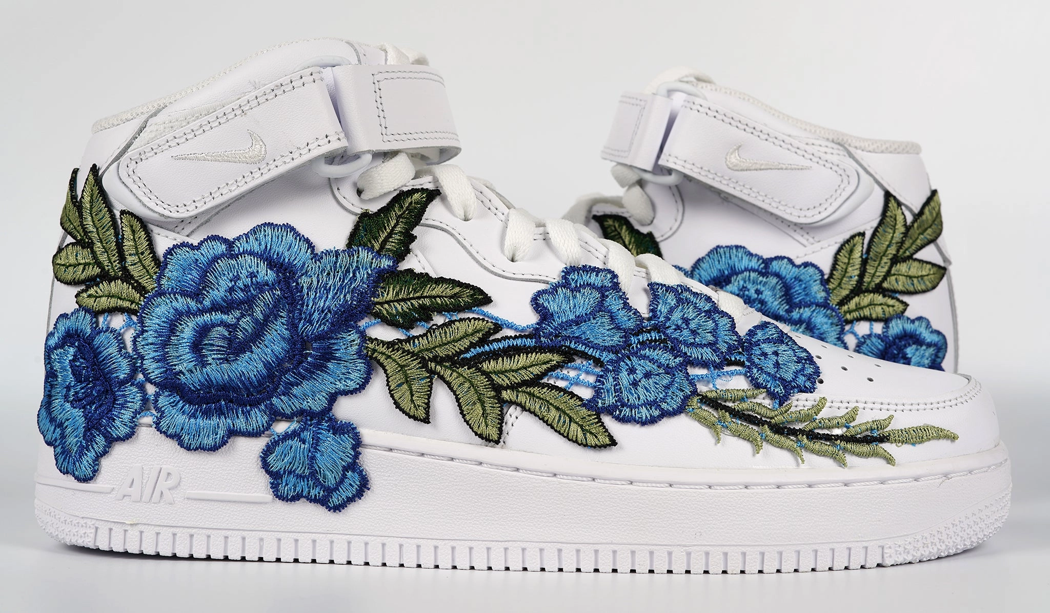 Street Glow Ring Walk Air Force 1 Custom Mid Blue Rose Shoes Flower Floral White All Sizes Men Women & Kids AF1 Sneakers