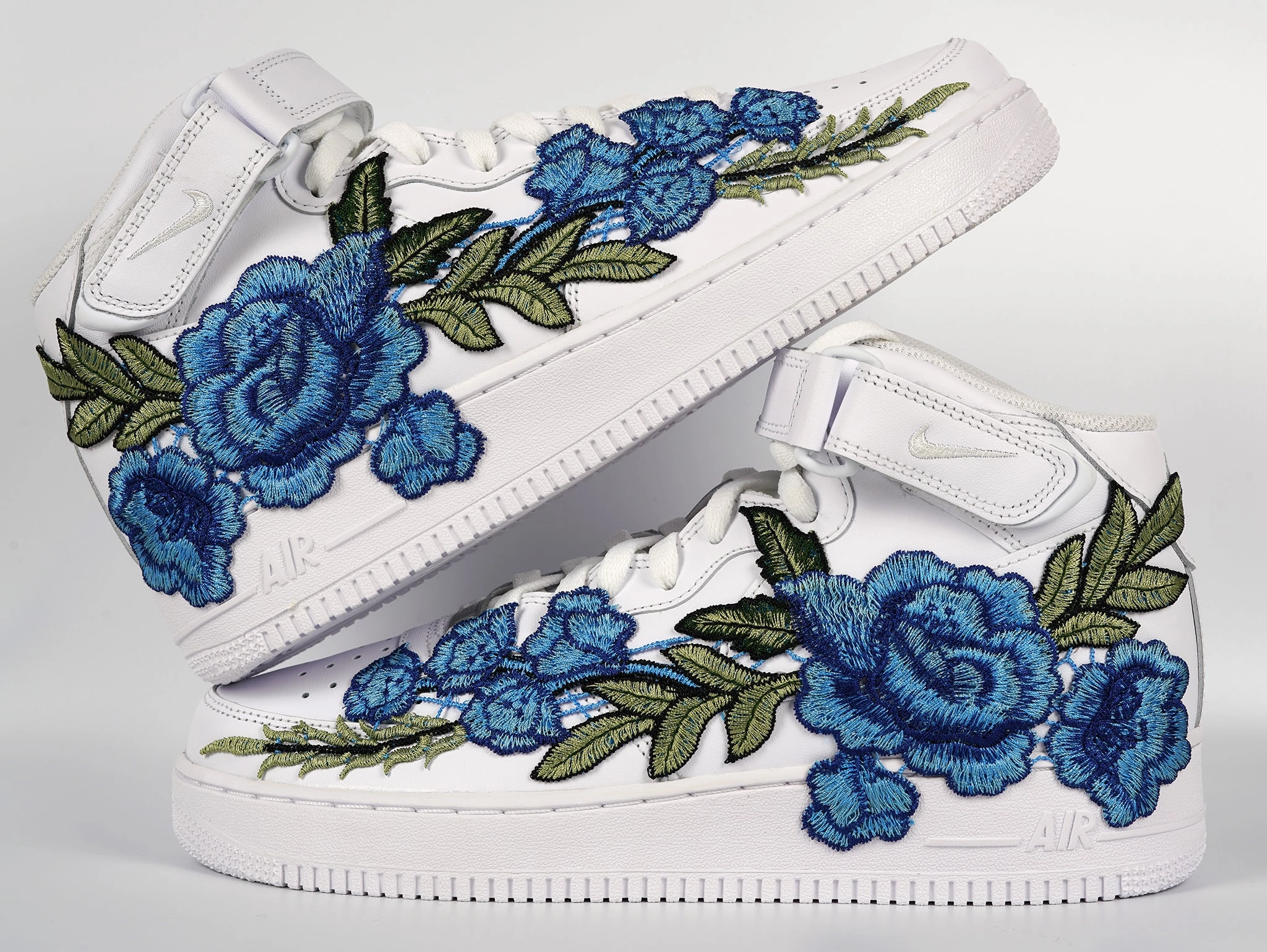 Long Walk Air Force 1 Custom Mid Blue Rose Shoes Flower Floral White All Sizes Men Women & Kids AF1 Sneakers