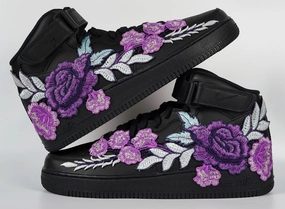 Fresh Drop Air Force 1 Custom Mid Purple Rose Shoes Flower Floral Black All Sizes Men Women & Kids AF1 Sneakers