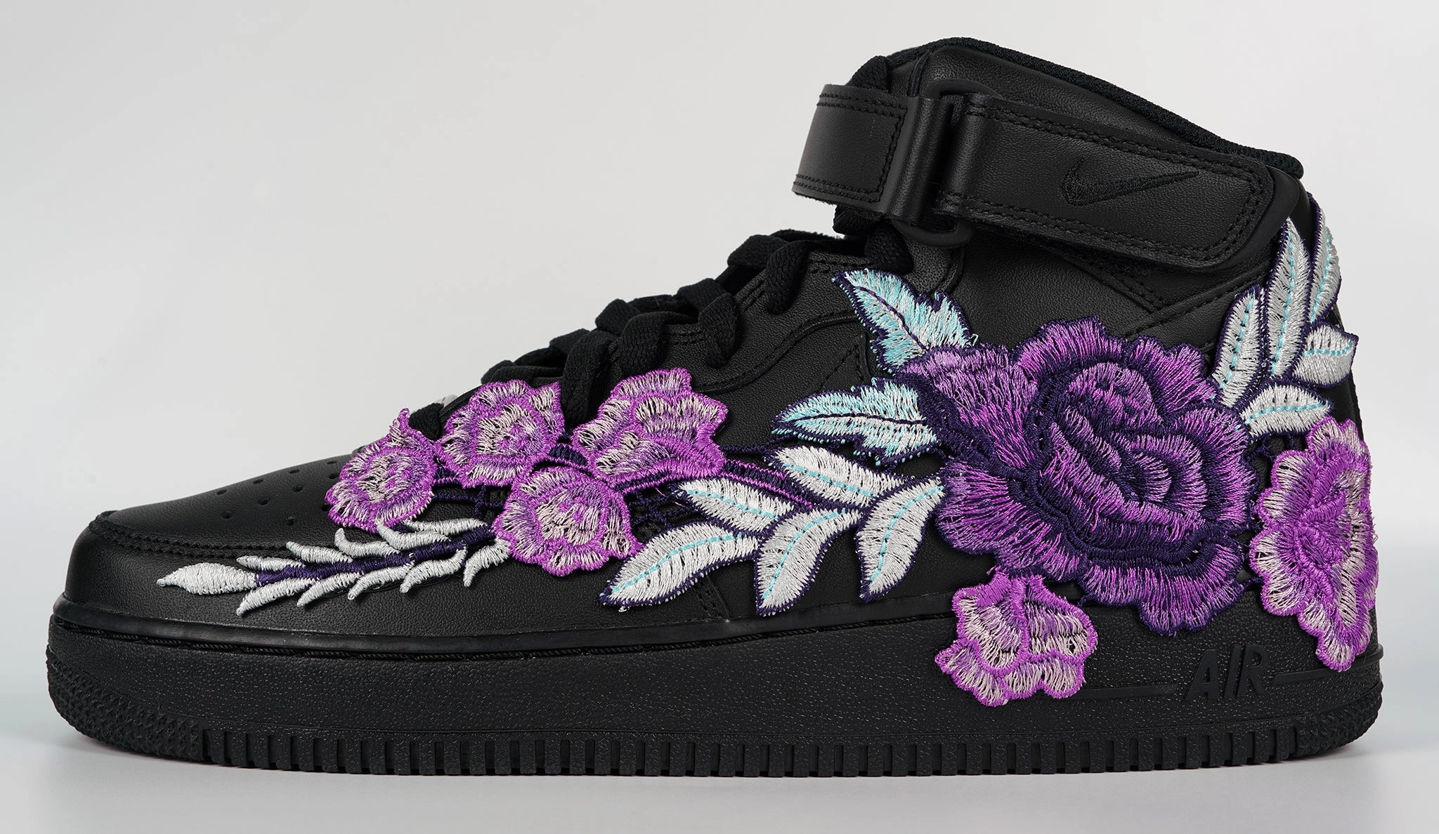 Stride Bold Air Force 1 Custom Mid Purple Rose Shoes Flower Floral Black All Sizes Men Women & Kids AF1 Sneakers