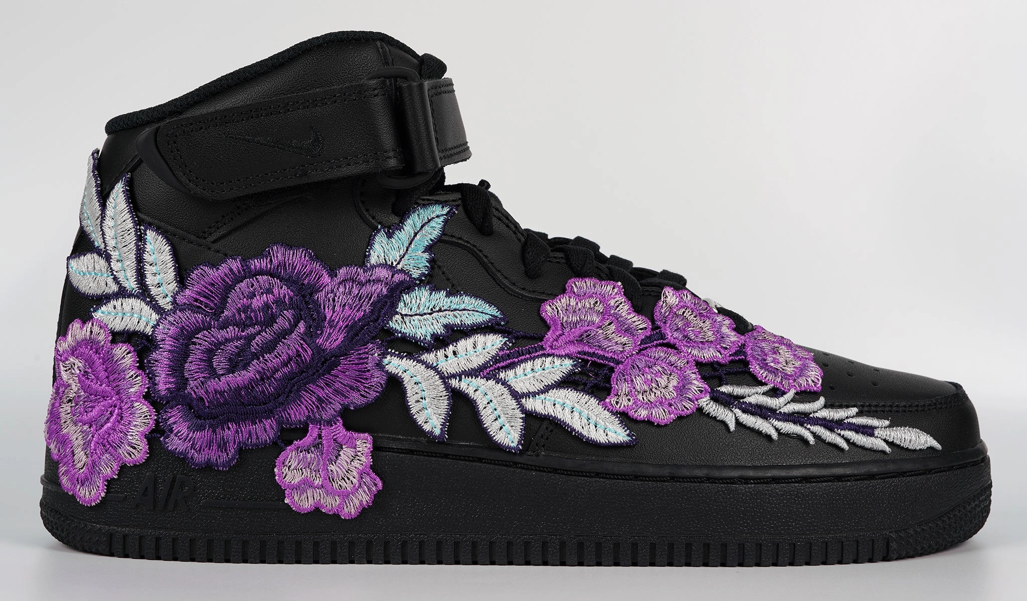 Air Force 1 Custom Mid Purple Rose Shoes Flower Floral Black All Sizes Men Women & Kids AF1 Sneakers Neo Pop Freeze Proof