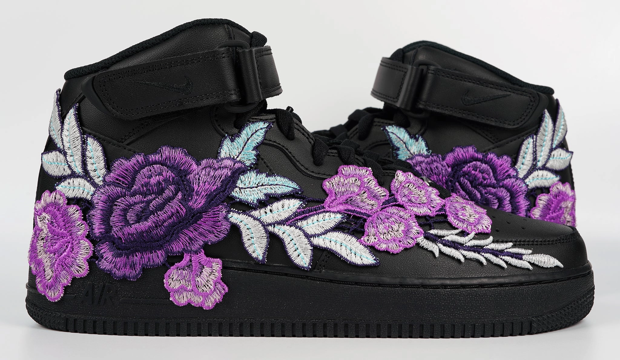 Air Force 1 Custom Mid Purple Rose Shoes Flower Floral Black All Sizes Men Women & Kids AF1 Sneakers Daily Walk