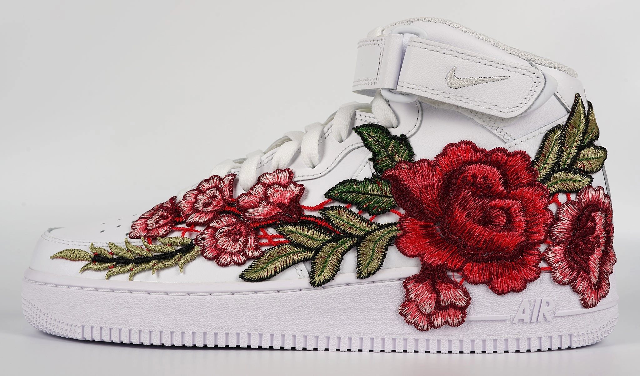 Soft Land Narrow Fit Air Force 1 Custom Mid Red Rose Flower Floral White Shoes Men Women & Kids All Sizes AF1 Sneakers