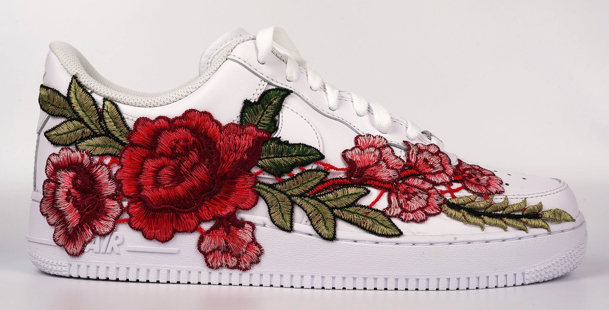 Air Force 1 Custom Red Rose Shoes Long Flower Floral Design White Low Men Women & Kids All Sizes AF1 Sneakers Buckle Fit Greek Ease