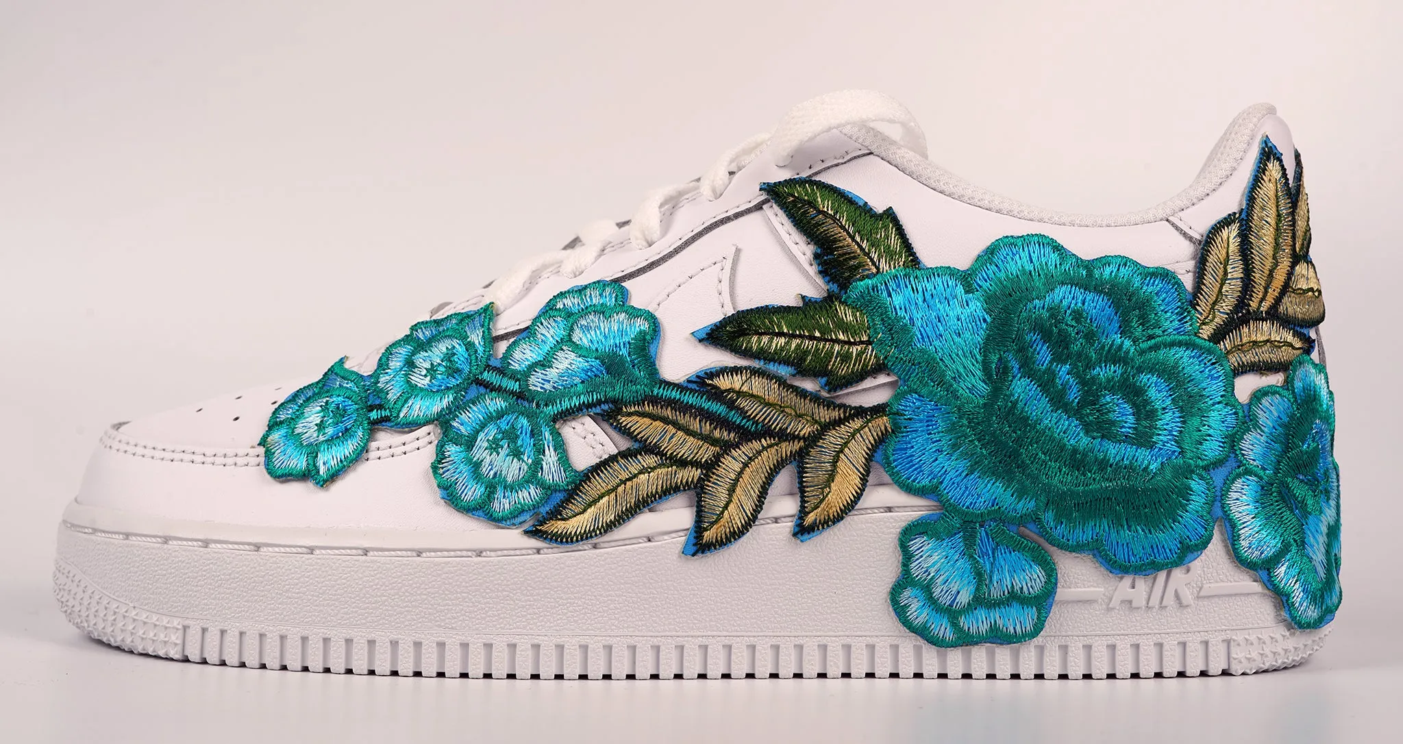 Air Force 1 Custom Teal Rose Low Blue Flower Floral Shoes Mens Womens & Kids All Sizes AF1 Sneakers Quiet Step