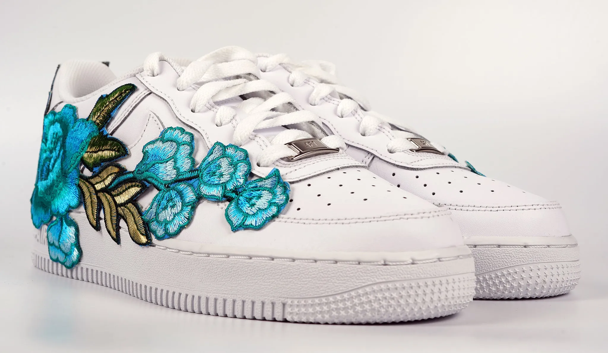 Air Force 1 Custom Teal Rose Low Blue Flower Floral Shoes Mens Womens & Kids All Sizes AF1 Sneakers Work Base