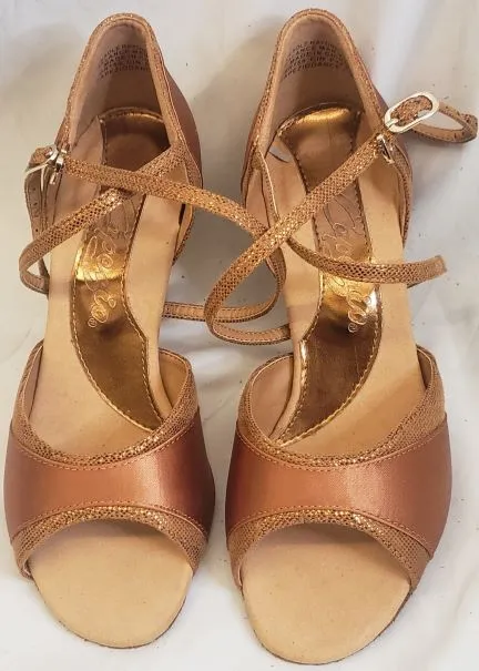 Anti Bacterial 2.5" Nadia -- Women's Flare Heel Latin Sandal -- Cinnamon Satin