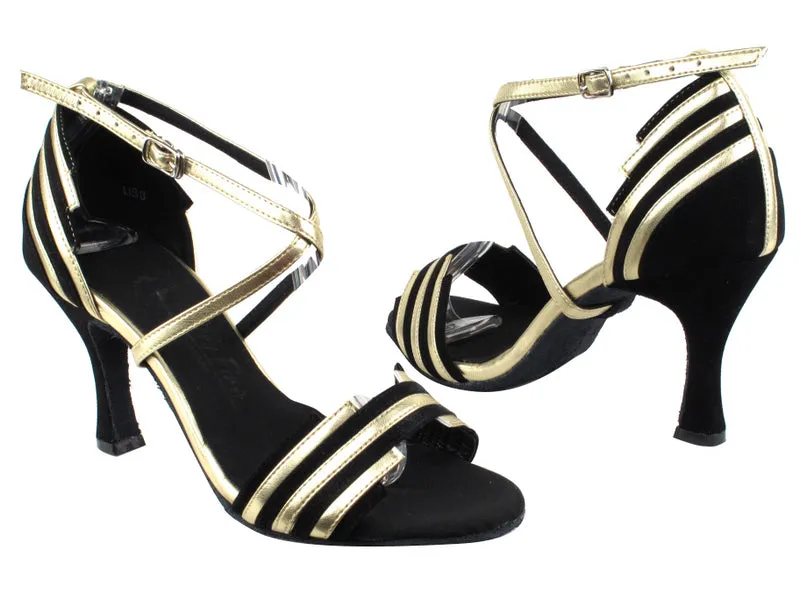 3" Brianna -- Women's Flare Heel Latin Sandal -- Black Suede/Gold Planet Mood Cold Safe