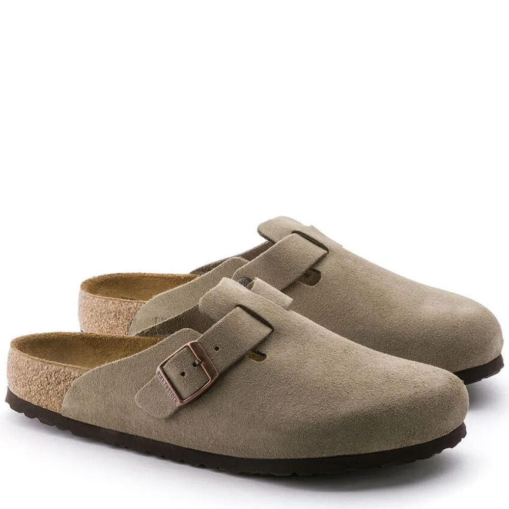 Birkenstock Boston Softbed Suede Leather in Taupe Comfort Motion Sport Enthusiast
