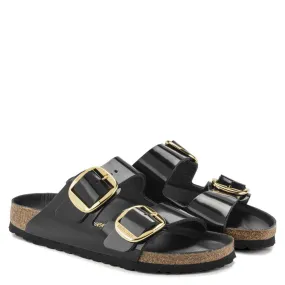 Comfortable Sole Functional Walking Shoes Birkenstock Women's Arizona Big Buckle Natural Leather Patent in High Shine Black Flawless Heels