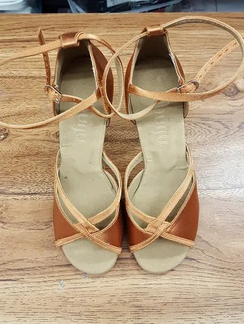 3.75" Linked -- Women's Flare Heel Latin Sandal -- Dark Tan Satin Earth Base