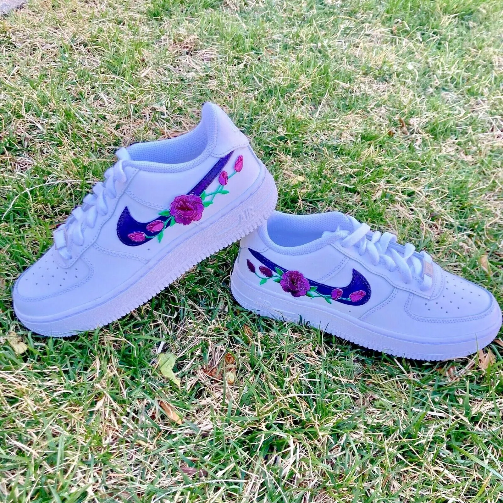 Air Force 1 Custom Dark Purple Rose Floral Flower Low Shoes Women Kids AF1 Sneakers Height Plus Rubber Outsole