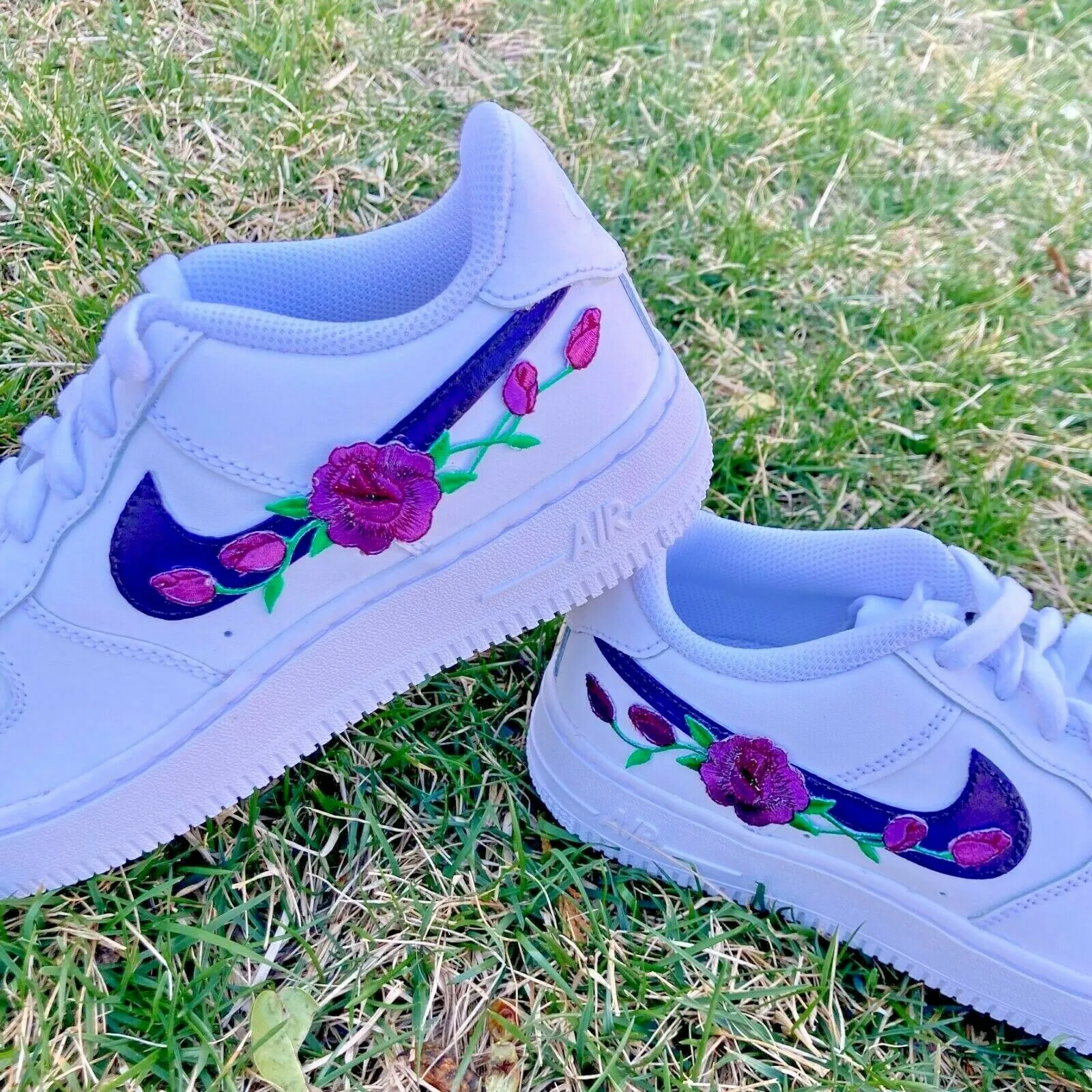 Air Force 1 Custom Dark Purple Rose Floral Flower Low Shoes Women Kids AF1 Sneakers Walking Curve Hug